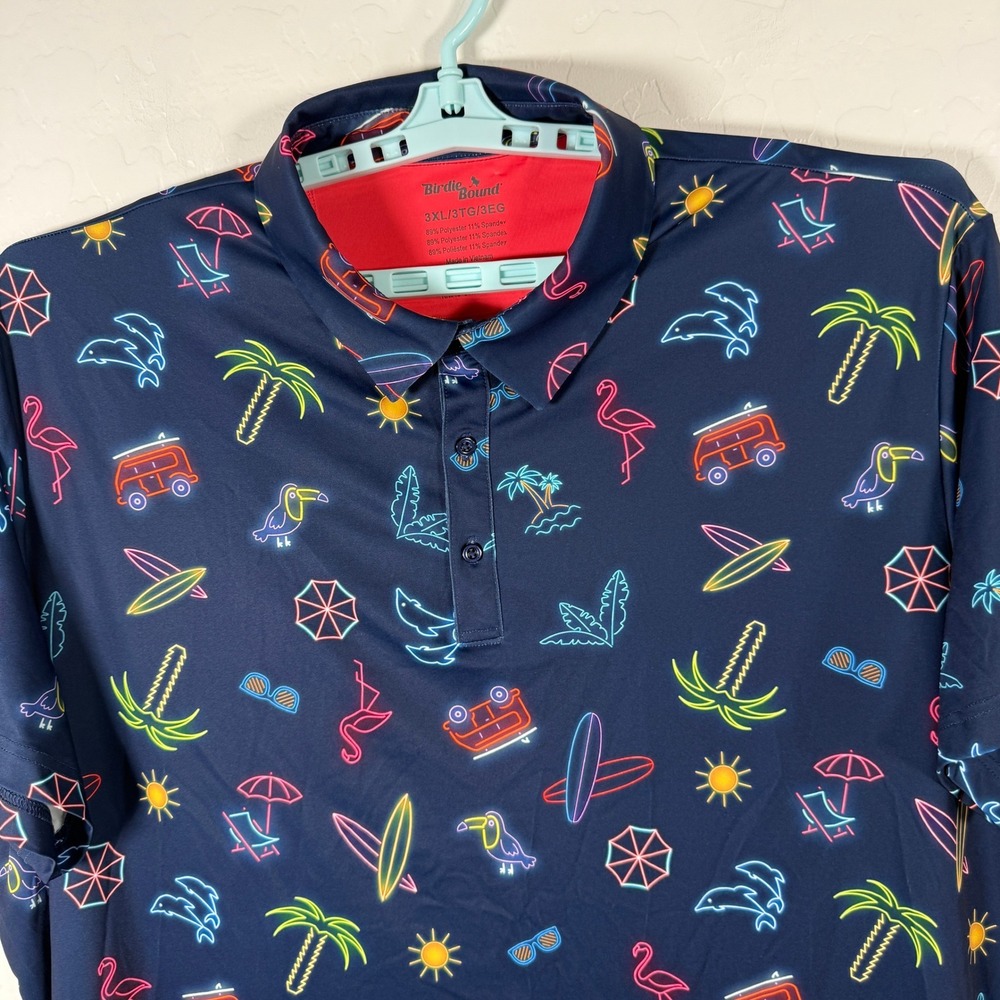 Birdie Bound Polo Shirt Mens 3XL Blue Neon Tropical Golf Performance Stretch